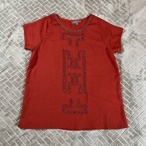 Harper Womens Small Shirt Red Beaded Chiffon Minimalist Boxy Lagenlook Boho